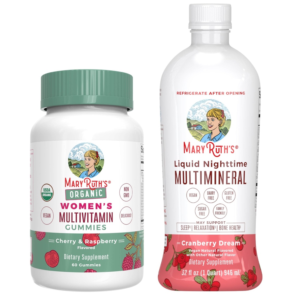 MaryRuth's Multivitamin Gummies for Women (Cherry & Raspberry) & Liquid Nighttime Multimineral (Cranberry) | Clean Label Project Verified® | Vegan, Non-GMO | Beauty, Bedtime, Salute complessiva