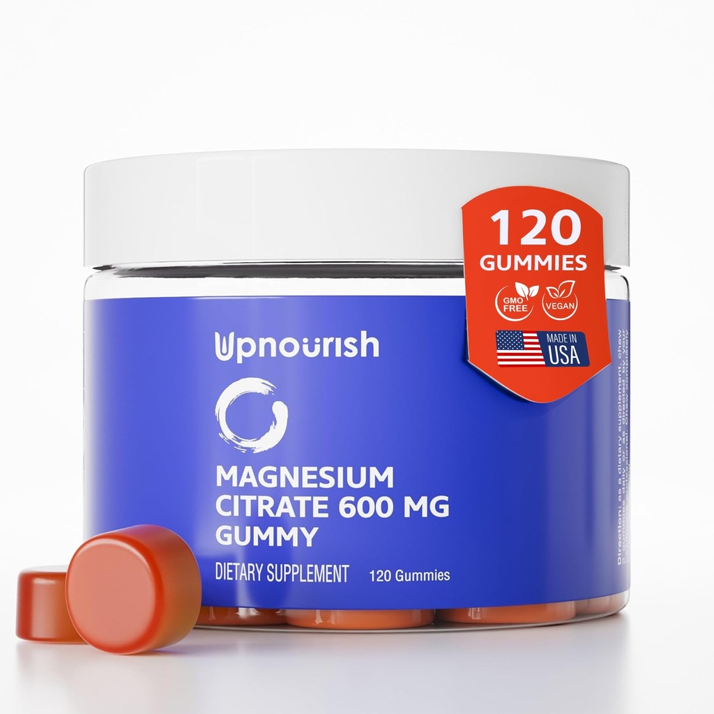 UpNourish Magnesium Gummies per adulti e bambini Magnesio Citrato Gummies 600mg, Integratore Calma per il Rilassamento Muscolare, Salute Bone e Digestiva, Citrato de Magnesio, Vegan, Non OGM, 120 Conte