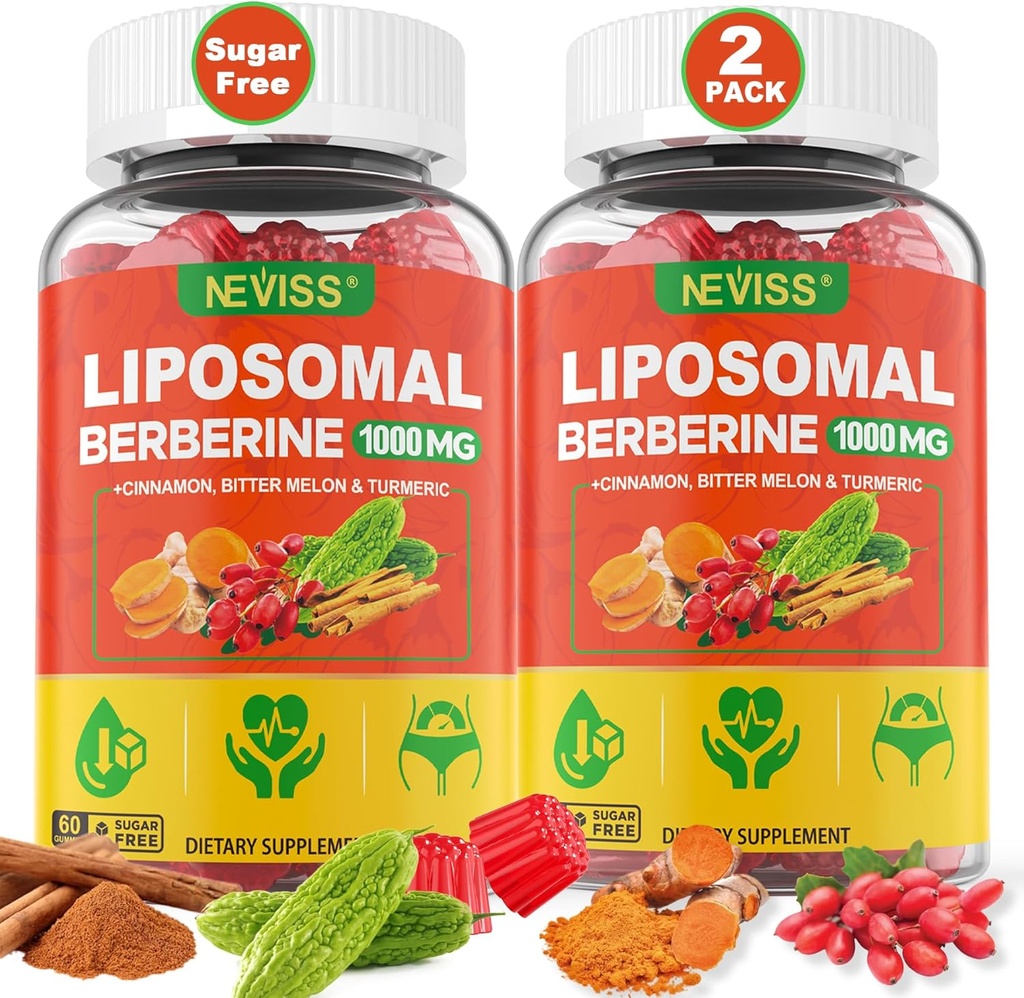 Liposomal Berberine Gummies Organic + Berberina HCL + Turmerico, Berberina Supplemento con Ceylon Cinnamon, Bitter Melon, Fibra per la digestione, Carciofo per fegato, Salute complessiva, Zucchero Libero