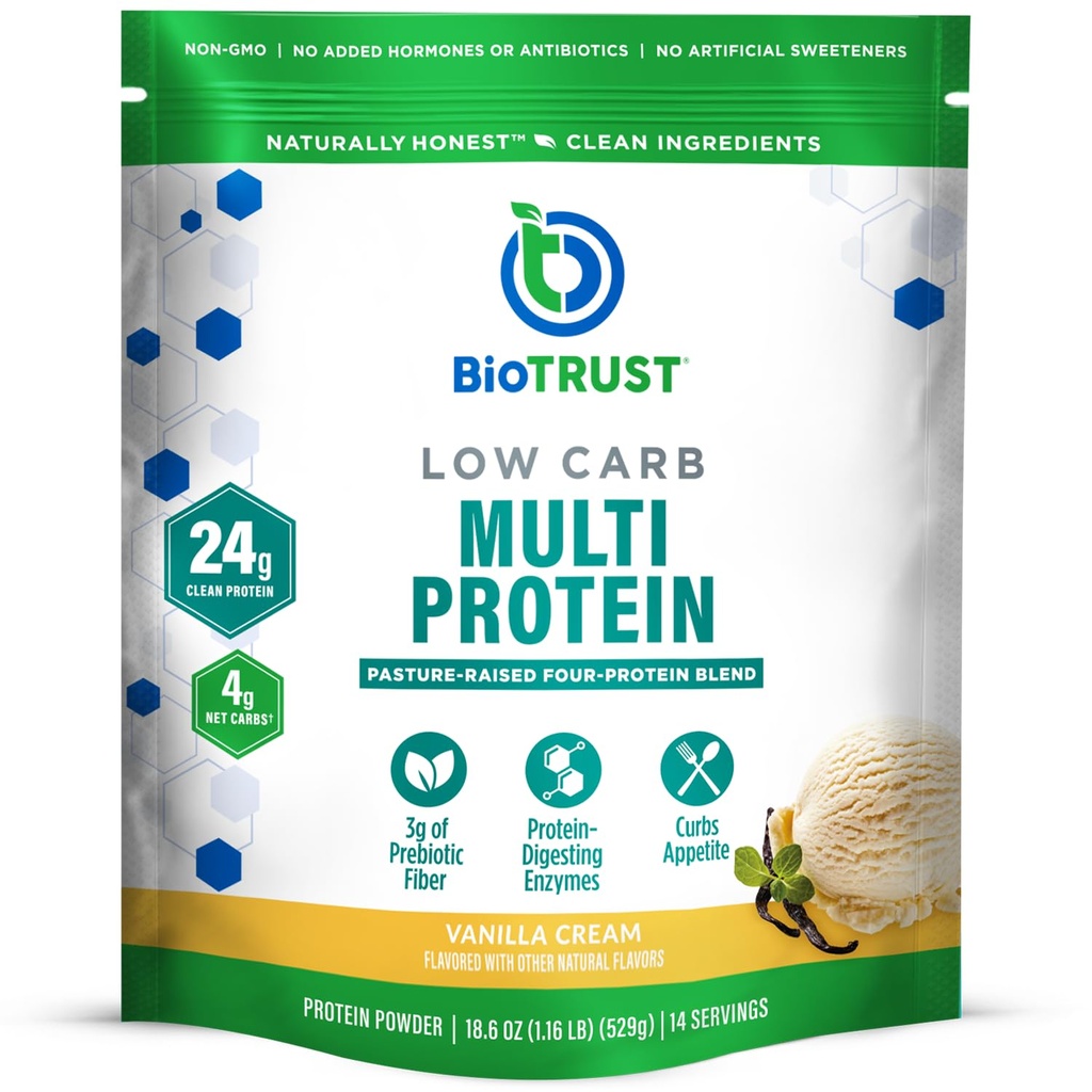 BioTrust Low Carb Protein Powder – Naturale e Delicious Whey & Casein Blend da Grass-Fed Ormone Free Cows – Non OGM, Soy Free, Gluten Free, Ormone Free (Vanilla)