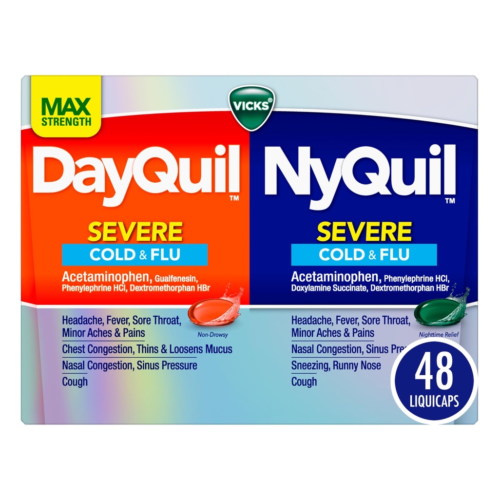 VICKS DayQuil & NyQuil SEVERE Co-Pack, Cold & Flu Medicine, Potente Rilievo per Mal di testa, Febbre, Sorriso Throat, Minor Aches & Pains, Congestione, Pressione del seno, Noso ripieno e tosse, 48 LiquiCaps