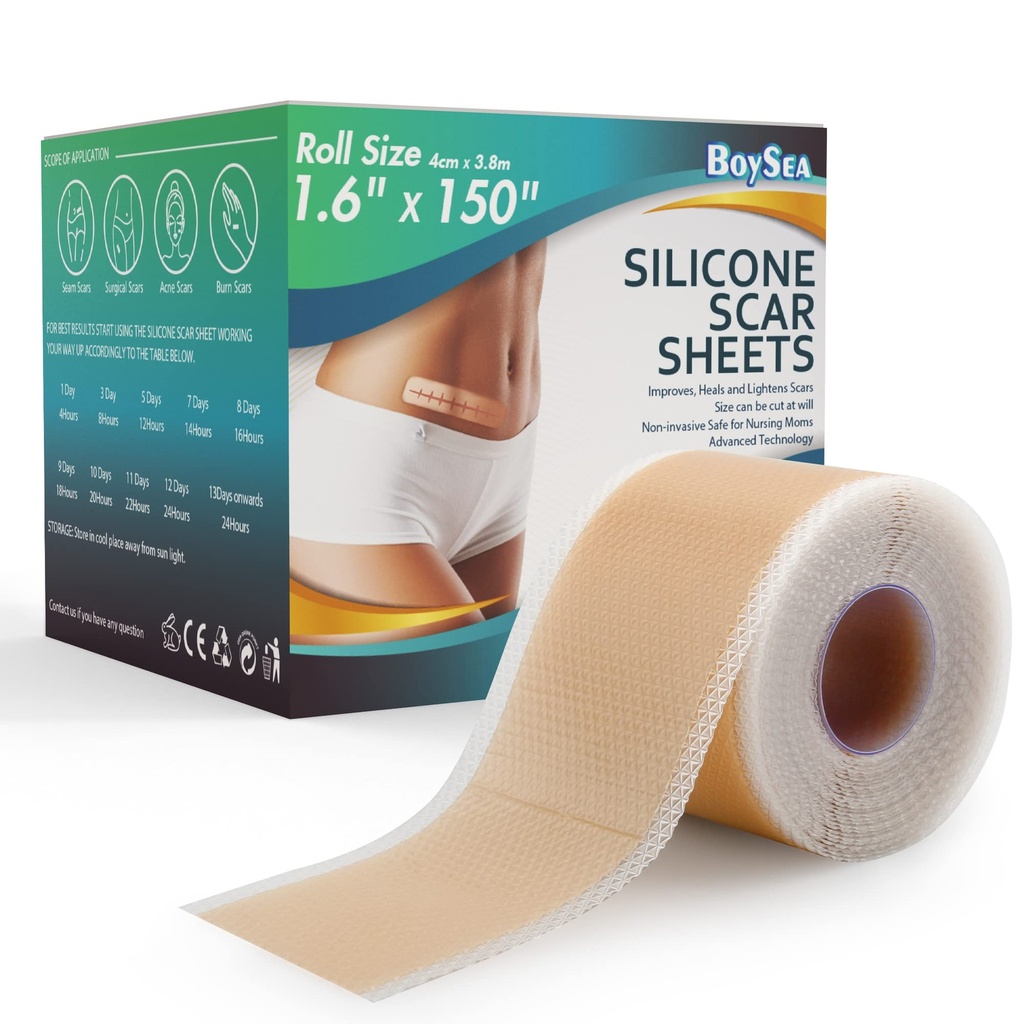Fogli professionali per cicatrici in silicone (1.6" x 150" Scar Roll-3.8M) - Trattamento per la rimozione delle cicatrici - Tipo di strisce per nastri in silicone riutilizzabili per Keloid, C-Section, Surgery, Burn, Acne et
