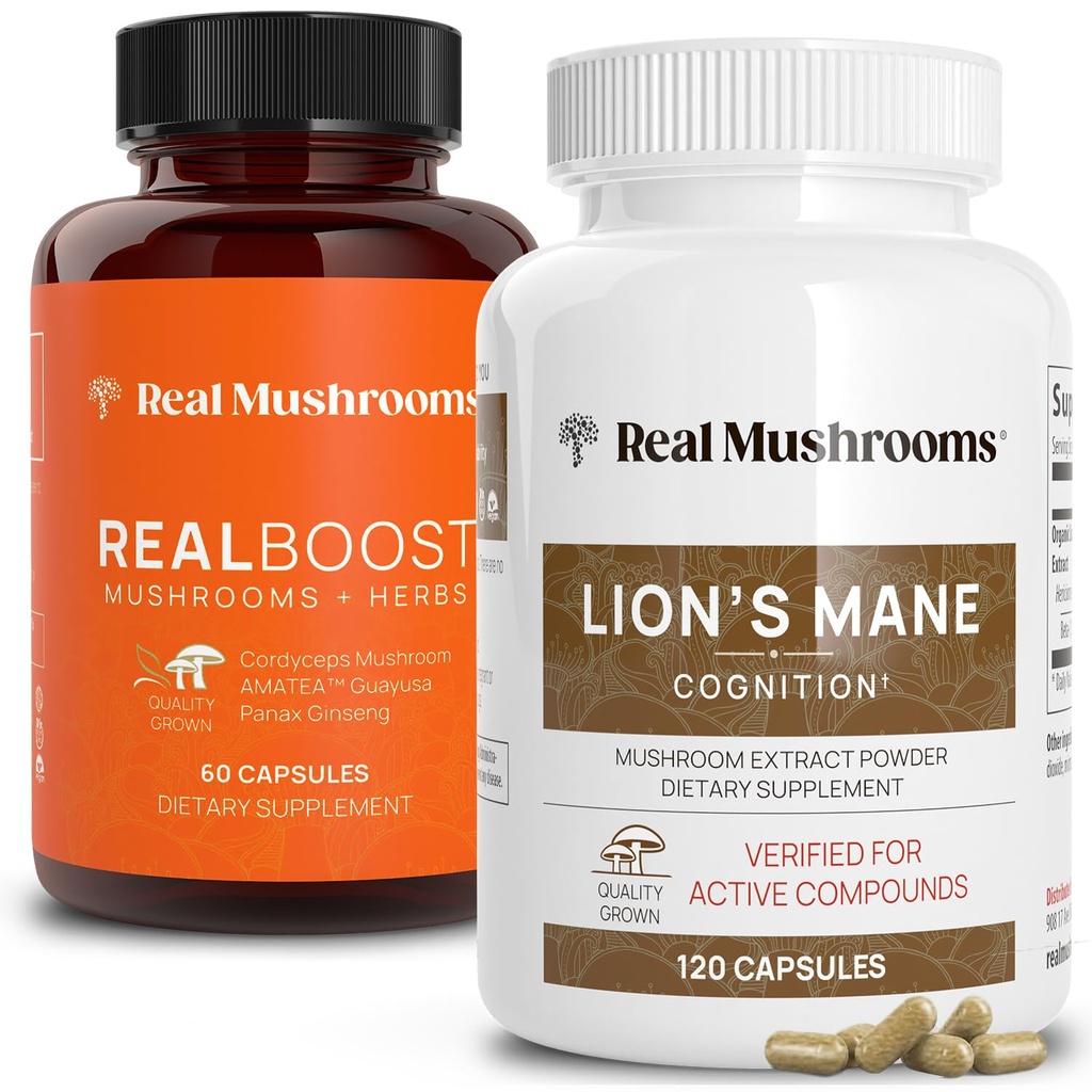 Real Mushrooms RealBoost (60ct) e Lions Mane (120ct) Capsule Bundle - Mushroom Supplemento per Energia, Vitalità & Cognizione - Energy & Brain Vitamins w/Cordyceps, Ginseng, Guayusa - Vegan, Non OGM
