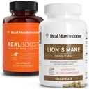 Real Mushrooms RealBoost (60ct) e Lions Mane (120ct) Capsule Bundle - Mushroom Supplemento per Energia, Vitalità & Cognizione - Energy & Brain Vitamins w/Cordyceps, Ginseng, Guayusa - Vegan, Non OGM