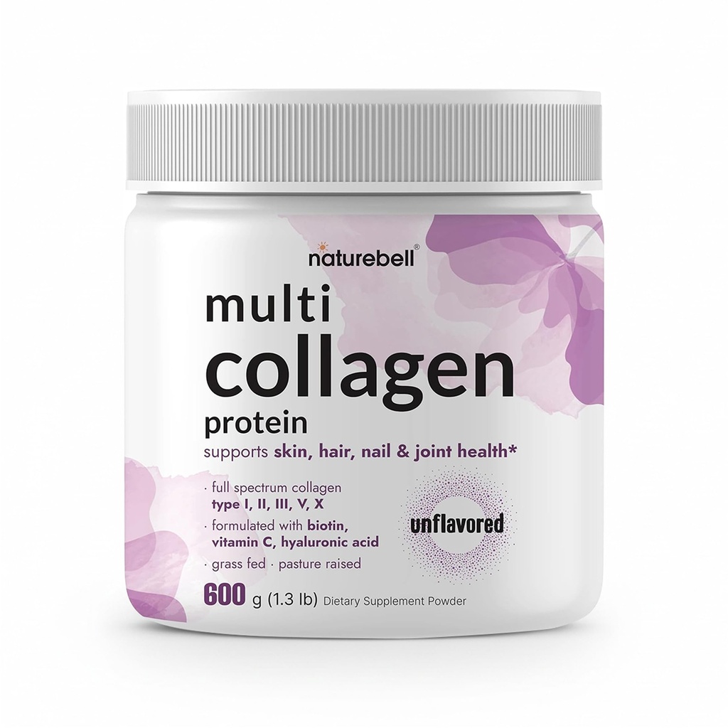 Multi Collagen Protein Powder 600g - 5 tipi (I, II, III, V, X) Grass-Fed & Pasture-Raised | con Biotin 5000mcg, Vitamina C & Acido Ialuronico | Keto, Paleo, Non aromatizzato (54 Serve)