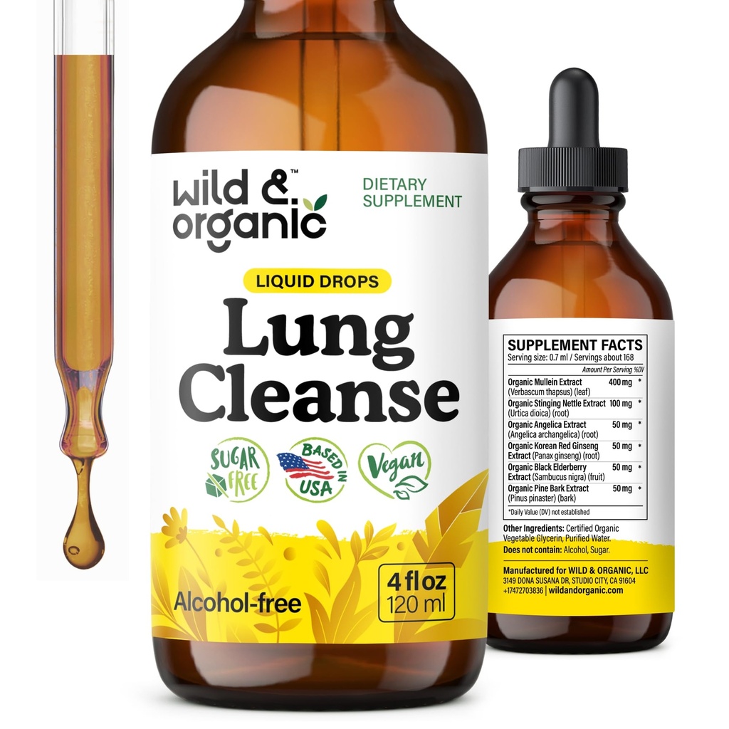 Tintura di disintossicazione del polmone naturale e organico - Gocce di mulino per polmoni - Supplemento di espulsi di erbe - Vegan, gocce senza alcool - 4 fl oz