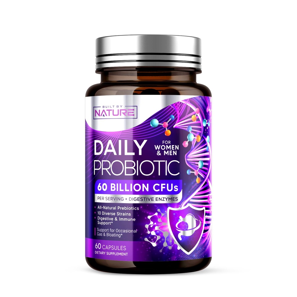 Costruito da Natura Probiotico per Donne & Uomini – 60 miliardi di CFU, 10 Strains + Prebiotici & Enzimi digestivi – Supporta Digestivo, Immune, Ridurre Gas & Bloating – Scaffale stabile, Non OGM - 60 capsule