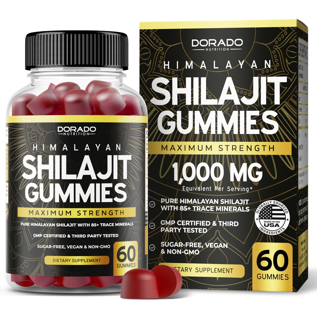 Shilajit Gummies per uomini e donne 1000mg (High Potency Gold Grade with 85+ Trace Minerals with Fulvic Acid) - Energy & Immunity Support - Third Party Tested, Non GMO, Vegan & Made in USA - (60 Gummies)