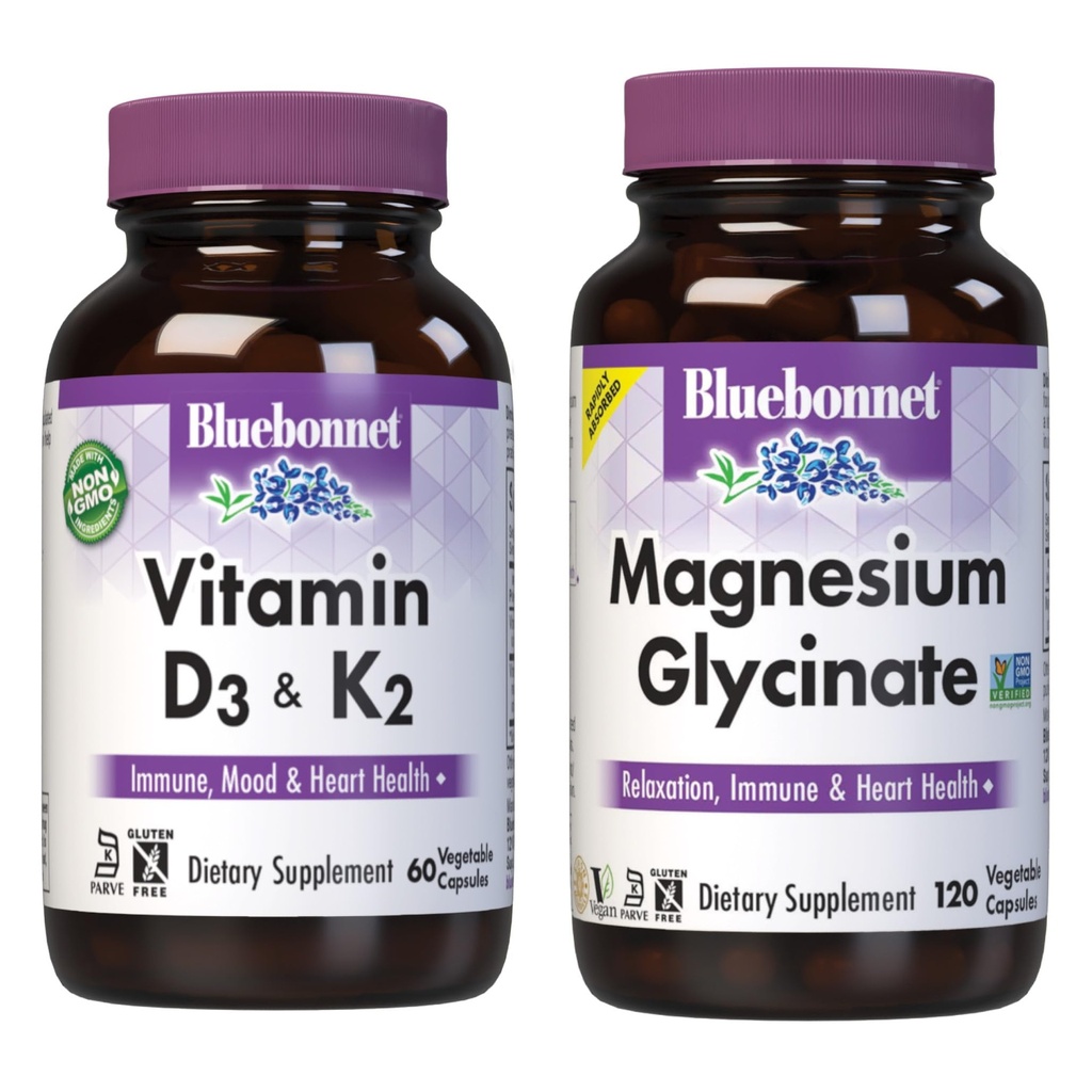 BlueBonnet Nutrition Vitamina D3 e K2, e Magnesio Glycinate capsule vegetali Bundle