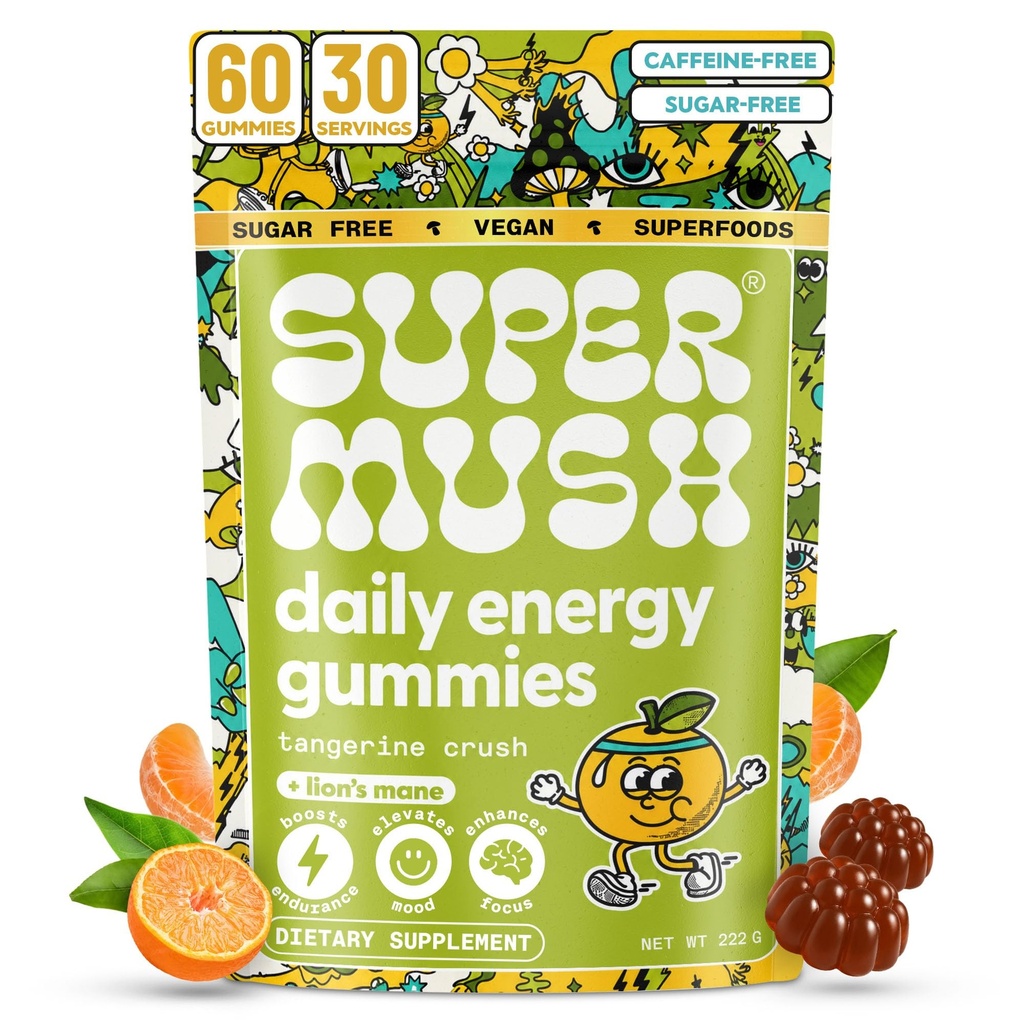 Energy Mushroom Gummies - Organic Lions Mane Supplemento con Cordyceps, Rhodiola, L-theanine, Maca - Vegan & Sugar-Free - Energy, Focus, Stamina, Stress Reduction - 60 Gummiess (30 Servings)
