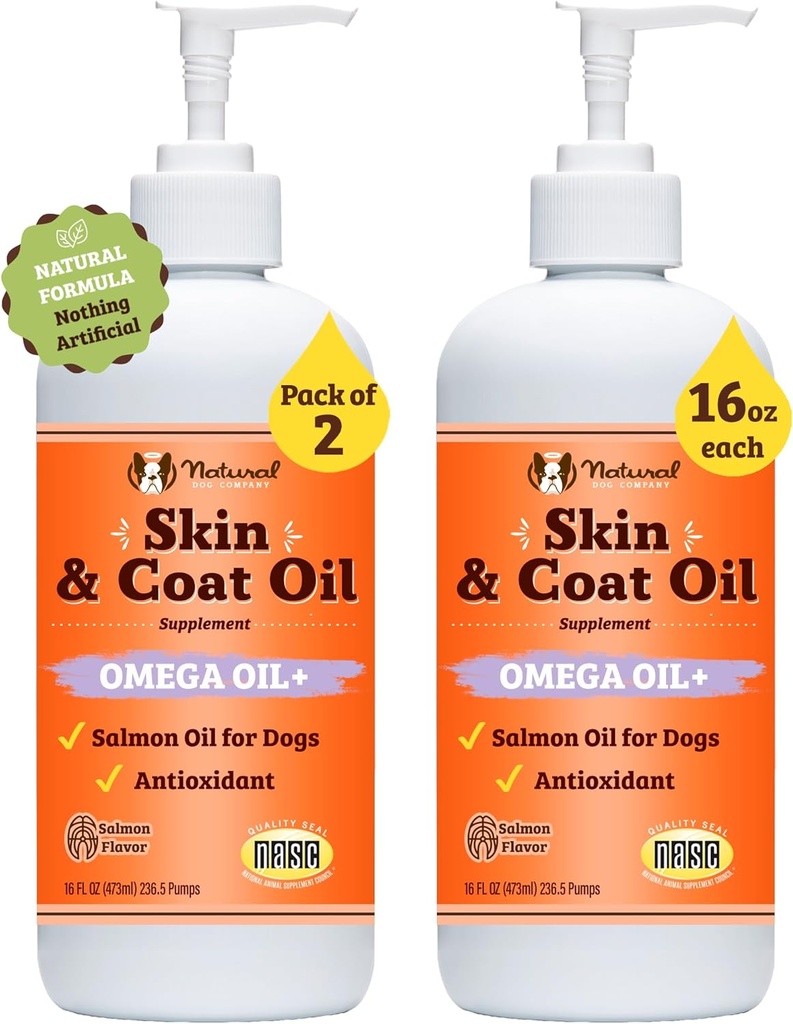 Natural Dog Company 2 Pack - 16 oz. Olio di pelle e cappotto, Supporta la salute della pelle, Integratori di olio di pesce per cani, acidi grassi, antiossidante, per le famiglie di cani multi, grandi cani di razza, 32 oz. Valore