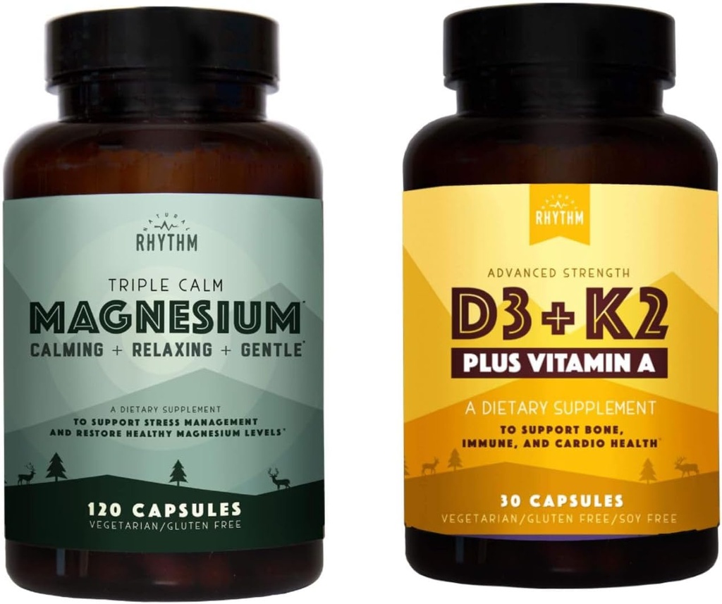 Natural Rhythm Triple Calm Magnesium 150 mg - 120 capsule – Magnesium Complex Compound Supplemento W/Natural Rhythm Vitamin D3 + K2 (MK7) Plus Vitamina A, per Bone, Cuore e Salute Immune, 30 capsule
