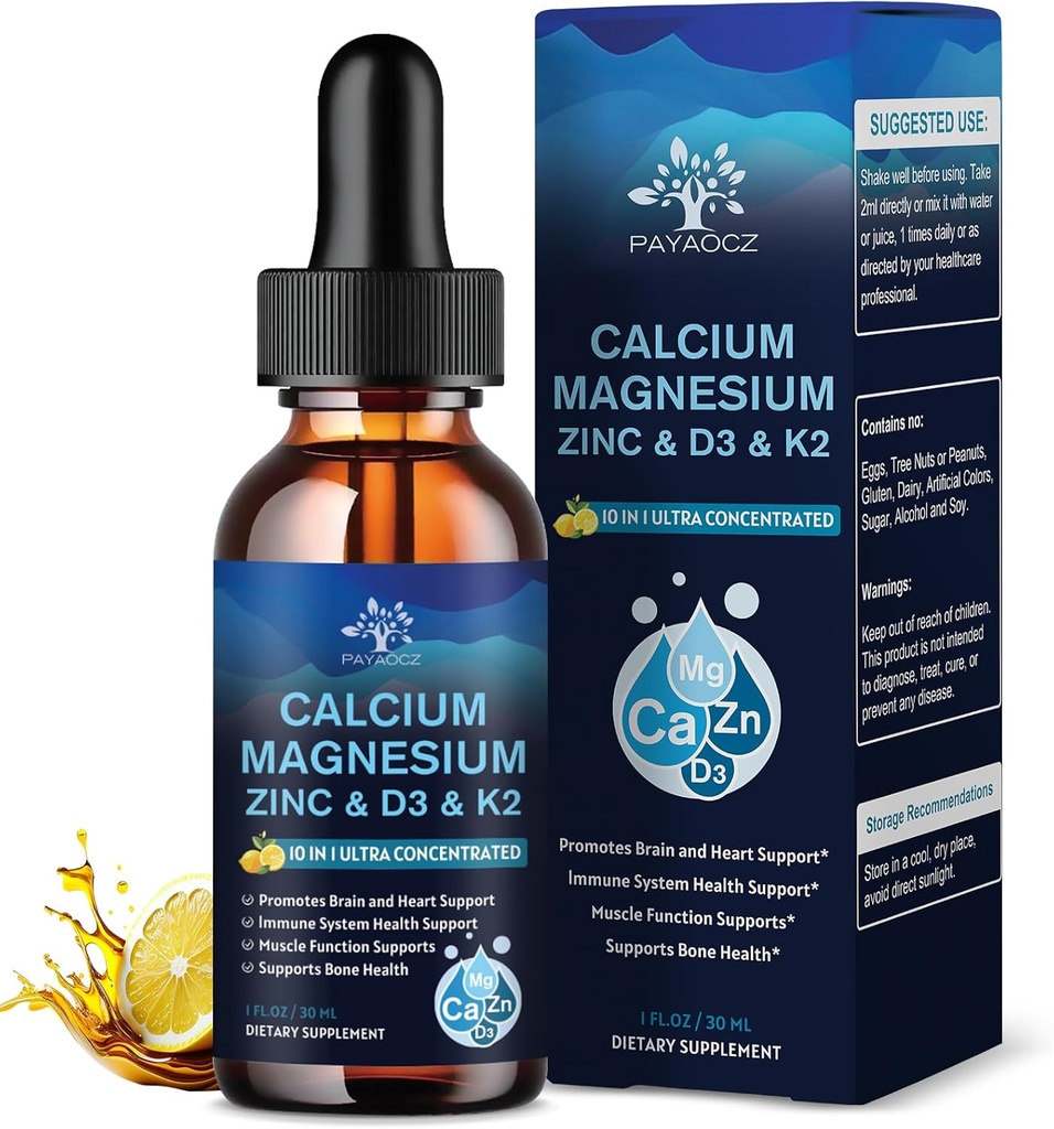(4 Pack) 10 in 1 Calcium Magnesio Zinc Supplemento, Magnesio Glycinate Complesso Gocce Liquide con Vitamina D3 K2 B6, Vegan Calcium Citrate Bone & Immune Health Support, Sonno & Cramps, Boron, 1 Fl Oz
