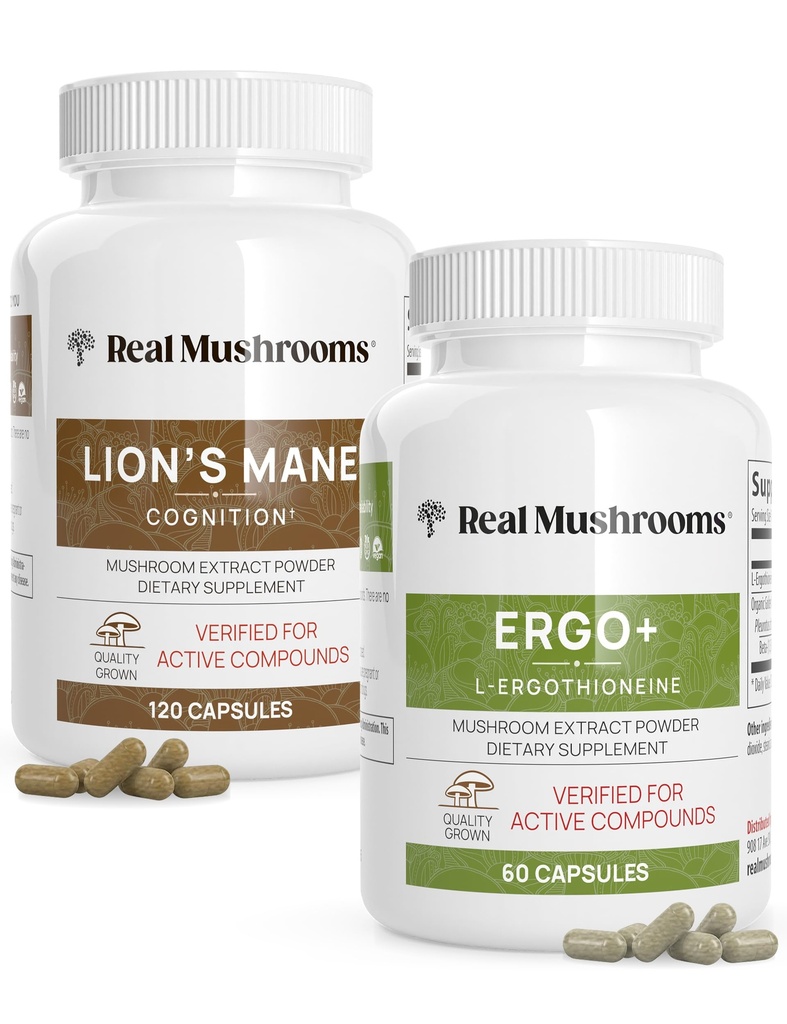 Ergothioneine (60ct) e Lions Mane (120ct) Bundle con Shiitake e Oyster Mushroom Extract - Longevità e Cognizione - Vegan, Gluten Free, Non-GMO
