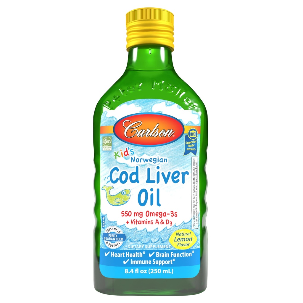Carlson - Olio di fegato di cod del bambino, 550 mg Omega-3s, Vitamine A & D3, Norvegese selvatico, Limone, 250 mL