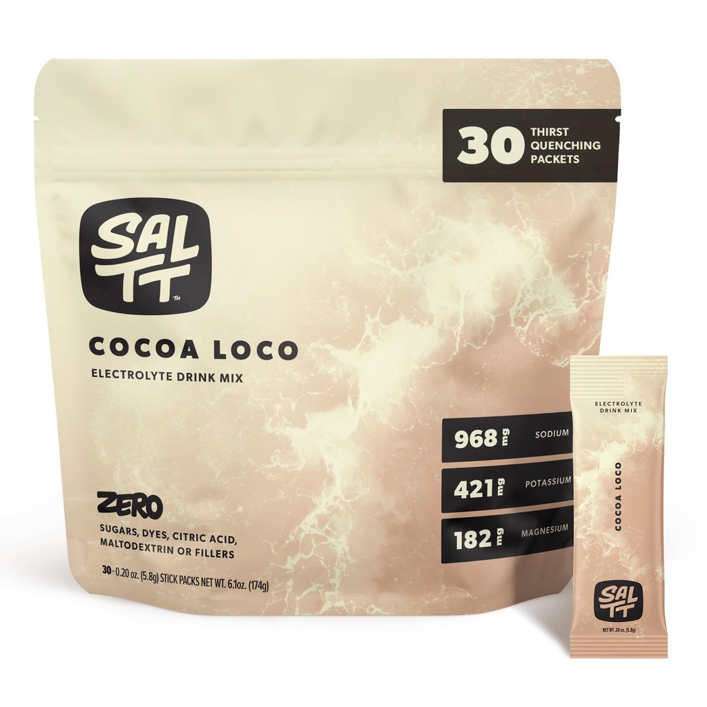 SALTT Electrolytes Powder Flavored Drink Mix - Cocoa Loco - 30 Hydration Packets - Magnesium, Potassium, Sodium, Trace Minerals - Zero Sugar & Gluten Free - Viaggi Essentials