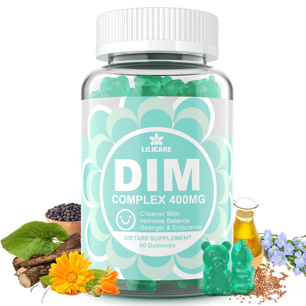 Supplemento DIM Donne 400mg, Integratore di estrogeni per le donne, Zucchero DiM Gummies per gli uomini e le donne w/ Biotina, Olio di lino, Burdock, Calendula, BioPerine per l'equilibrio dell'ormone, Menopause & Prostate 60Cts
