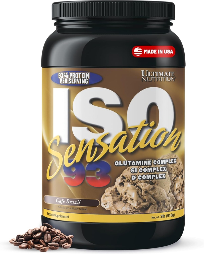 Ultimate Nutrition Whey Protein Isolate Powder with Glutamine Complex, ISO Sensation 93 - Whey Protein Powder with Aggiunto Colostrum for Enhanced Recovery, Immunity & Gut Health - Cafe Brazil, 2lbs