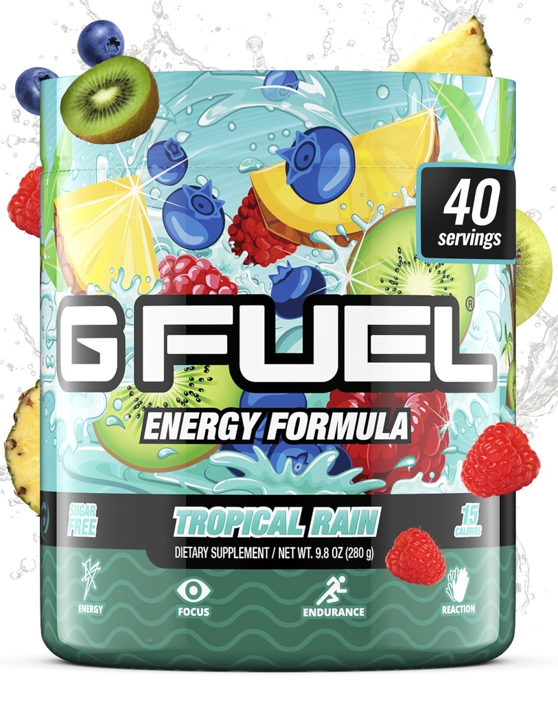 G Fuel Tropical Rain Energy Drink Powder, Pre Workout Caffeine Mix for Gaming, Sugar Free Focus Amino, Vitamin + Antiossidanti, 9.8oz (Fruit Medley, 40 Servings)