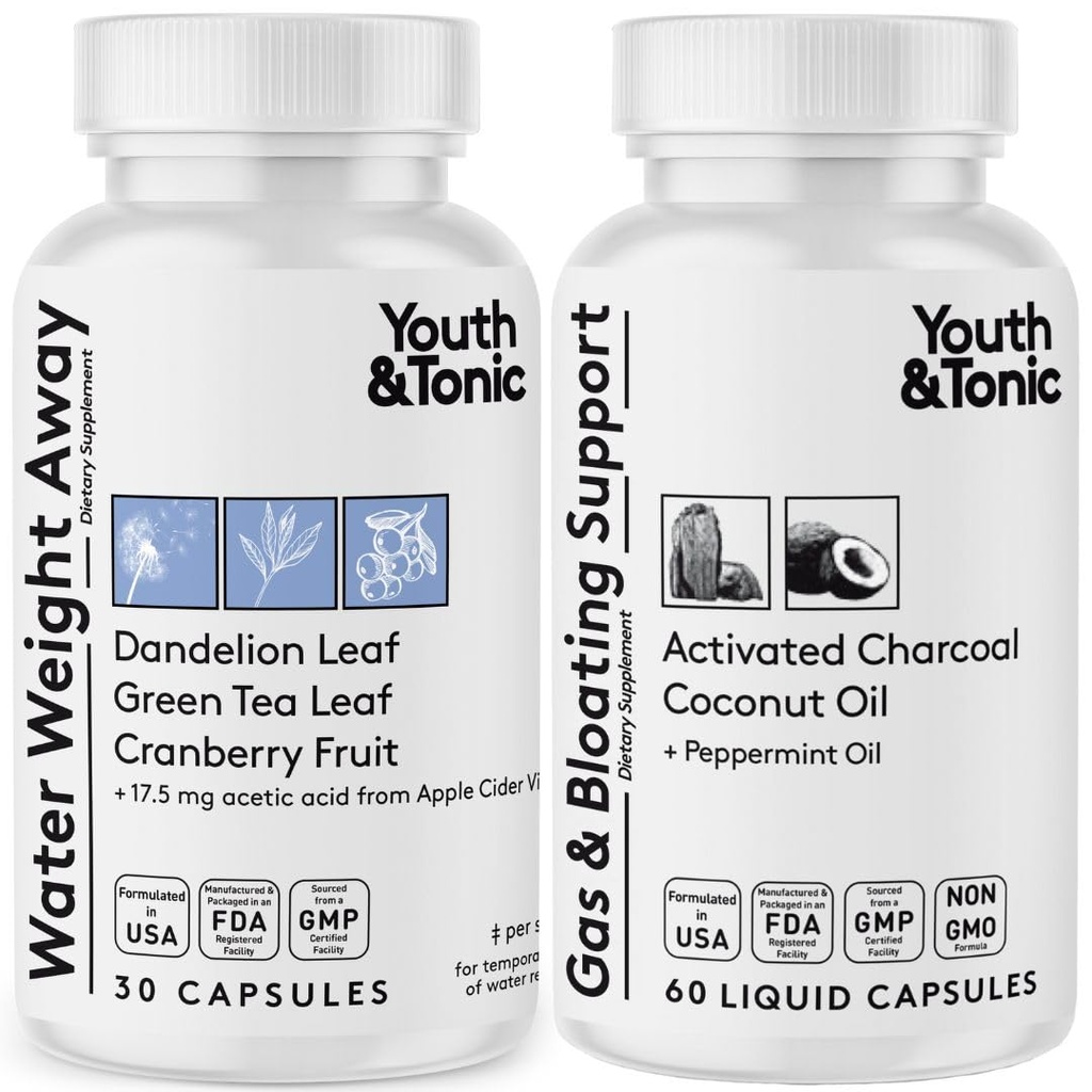 Water Weight Away & Gas and Bloating – Pillole Diuretiche & Charcoal per Bloating Relief – Supporto per la ritenzione idrica, Gambe gonfie & Bloating – Menta piperita & Coconut Oil – 90 Pillole