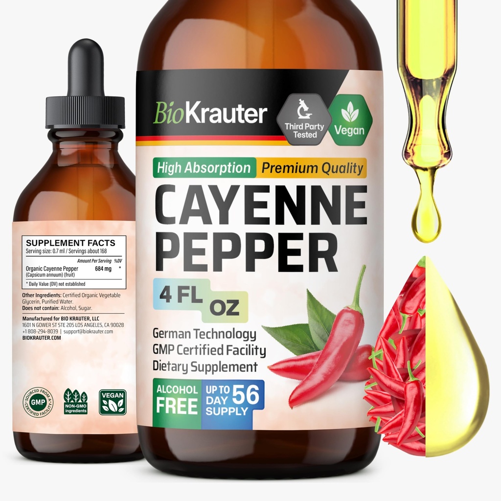 BIO KRAUTER Cayenne Pepper Extract Liquid - Pure Capsaicina Extract - Liquid Cayenne Pepper Drops for Digestive Support - Sugar & Alcohol Free 4 Fl.Oz.