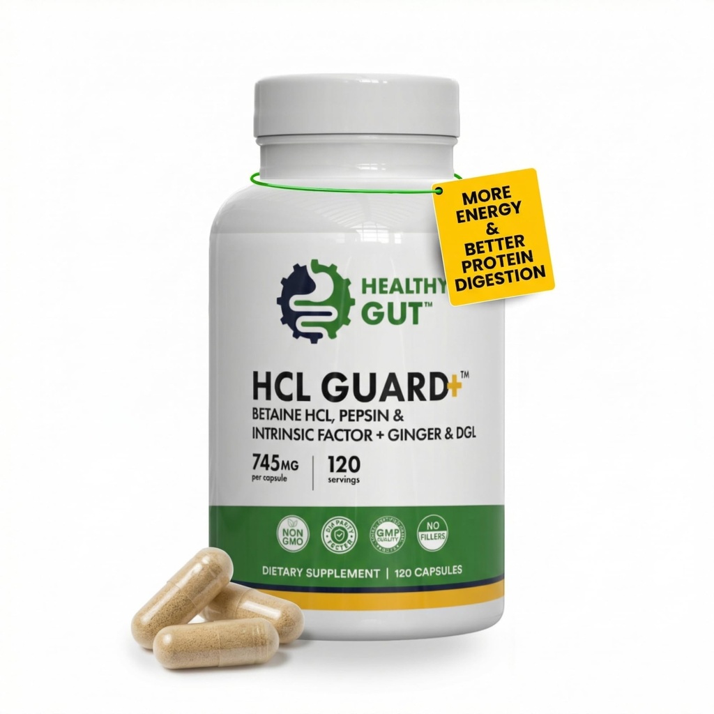 HCL Guard+ | promuove la funzione digestiva sana | Betaine Hydrochloride, Organic Ginger Root, DGL e Pepsin | 60 Serve