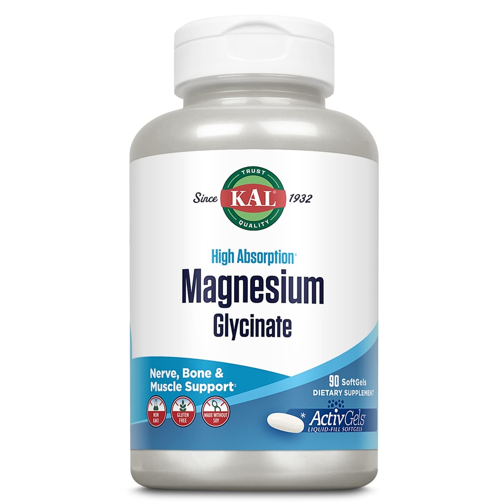 KAL Magnesio Glycinate ActivGels 315mg, Alto assorbimento Magnesio Supplemento per il muscolo, Nerve & Bone Health Support, Non-OGM, Gluten Free, 30 Servings, 90 Softgels