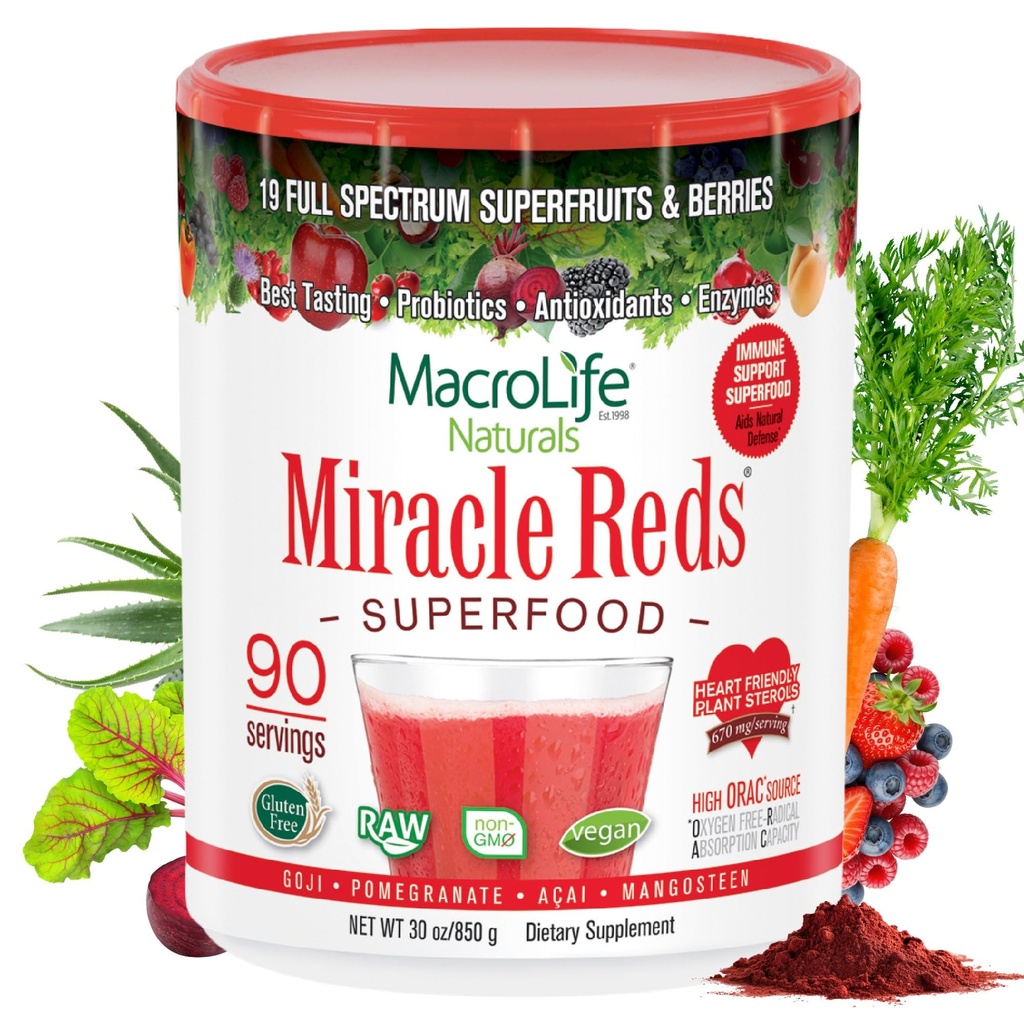 MacroLife Naturals Miracle Reds Superfood Supplemento Polvere Antiossidanti Polifenoli Enzimi Probiotici - Raw Non OGM Organic Vegan Gluten & Dairy Free - 30oz (90 Serve) 30oz