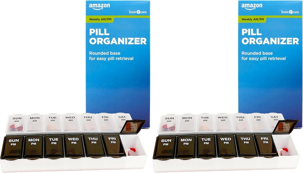 Cura di base (7-giorno) AM/PM Pill Organizer, Vitamin Case e Medicine Box, Grandi scomparti, 2 volte al giorno, Nero e Chiaro Lids (Pack of 2)