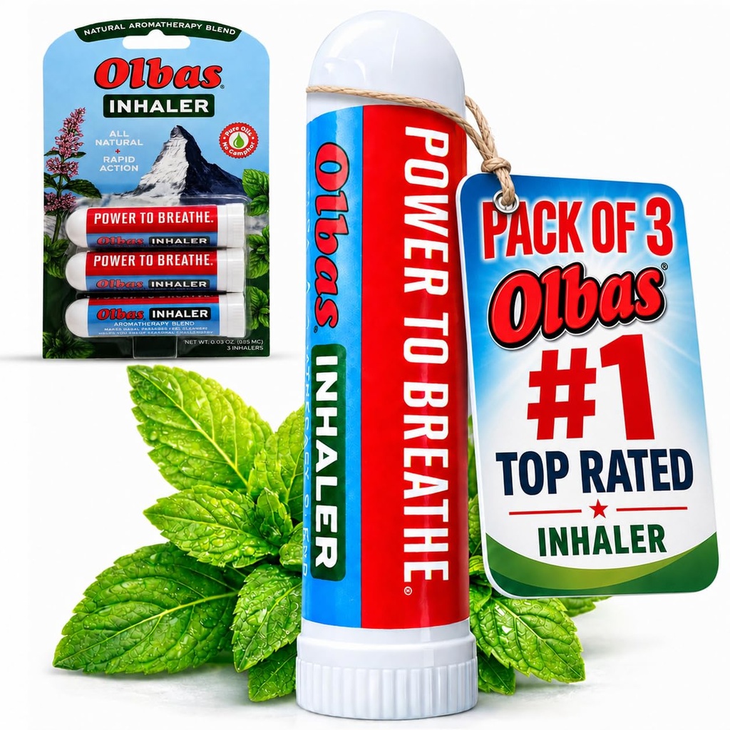 Olbas Inhaler Aromatherapy, Essential Oil Inhaler with Natural Oils, 0.01 Oz Each, 3 Pack, Pocket Sized Nasal Inhaler Stick for Clear Breathing and Sinus Relief