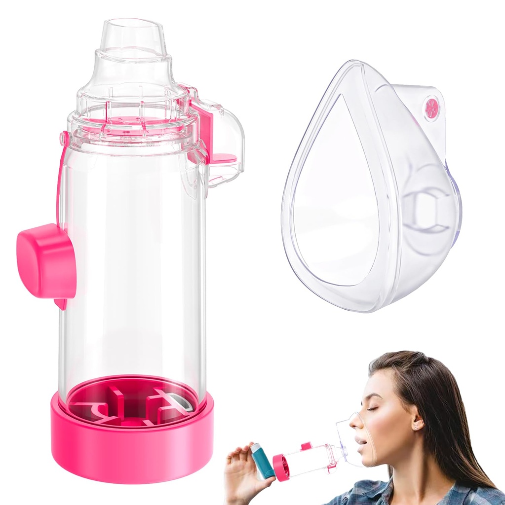 Spacer for Inhaler - Available in Child and Adult Sizes, Comes with Mask, Medical-Grade, Multi-Color Options, Ideal for Home, School, and Travel Use – Nessi OTC Spacer (Pink Adult)