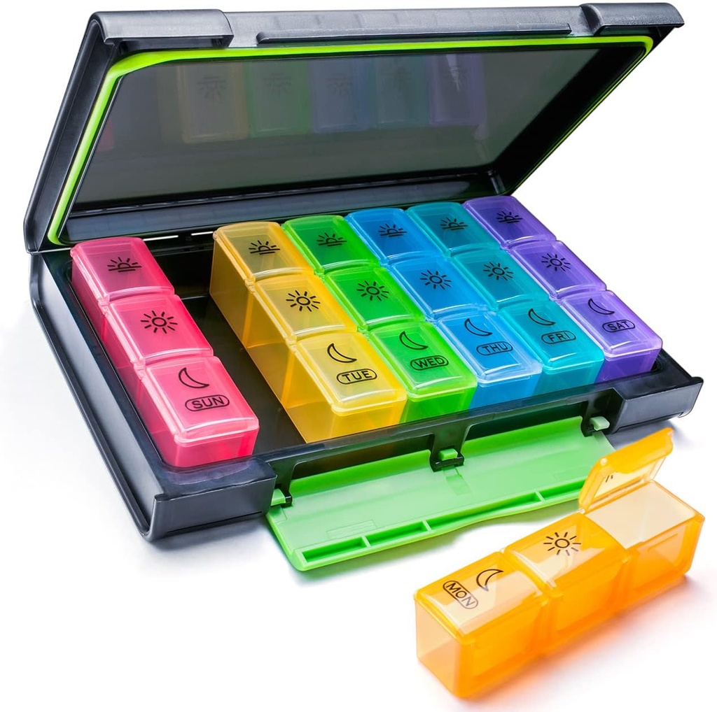 Organizzatore di pillole settimanali, 7 giorni scatola di pillole (3-Times-A-Day) portatile per viaggiare con Moisture-Proof Design caso di pillole/Vitamin/Fish olio/supplementi