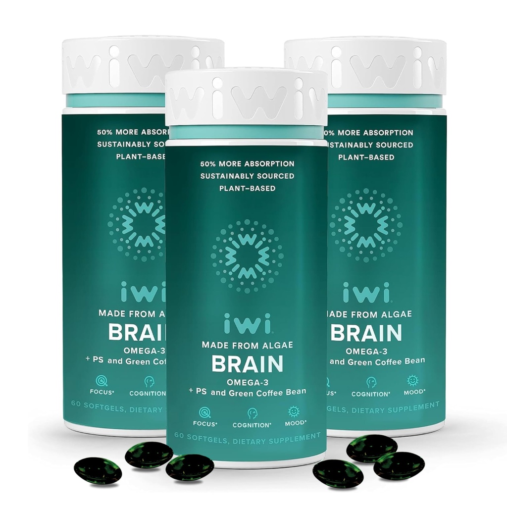 iwi vita cervello Omega-3, 180 Softgels (90 Servings), Vegan pianta-Based Algae Omega-3 con EPA + DHA, Focus, Memoria e Mood Support Integratore alimentare, Krill & Fish Oil Alternative, No Fishy Aftertaste
