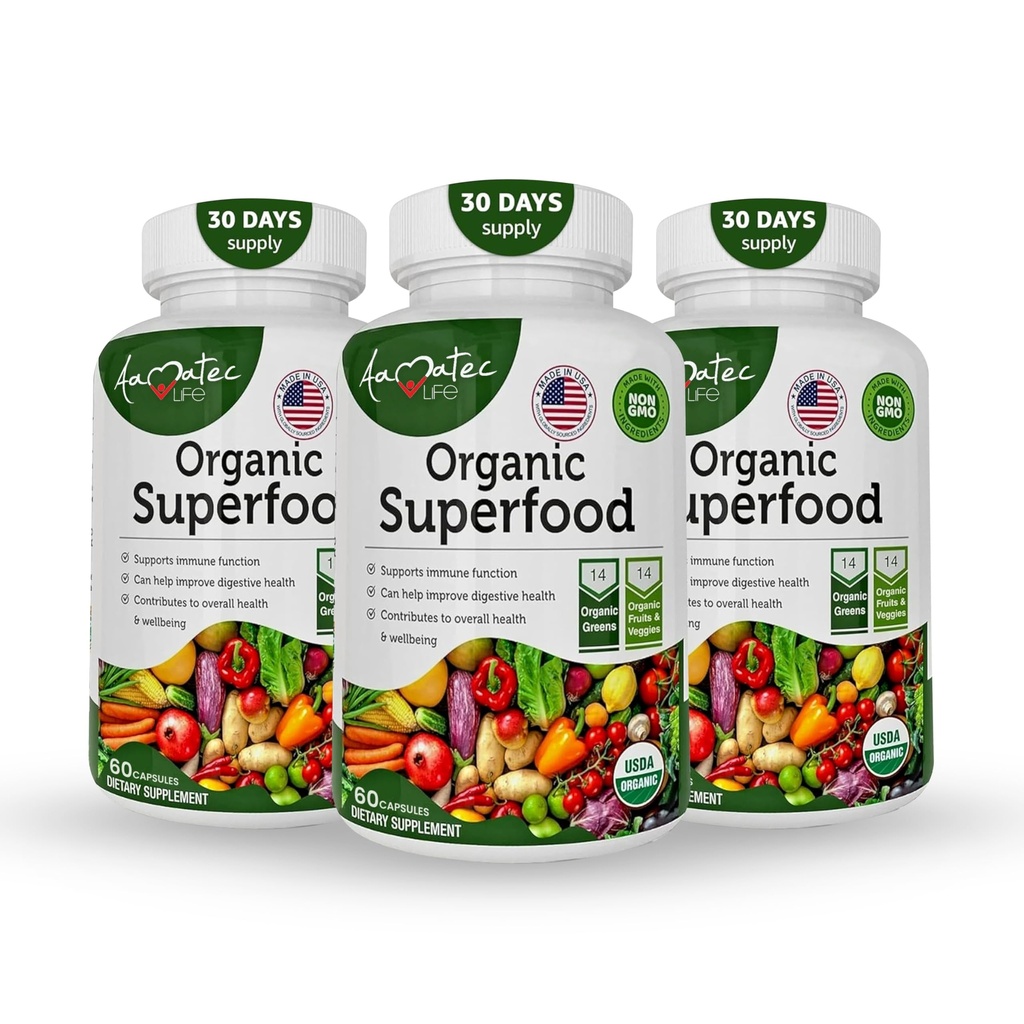 Organic Superfood Greens Fruits and Veggies Complex - Miglior integratore alimentare con 14 Verdi &14 Frutta & Verdura con Alfalfa Ricco in Antiossidanti Ingredienti organici Non OGM (180 Conteggio Confezione da 3)