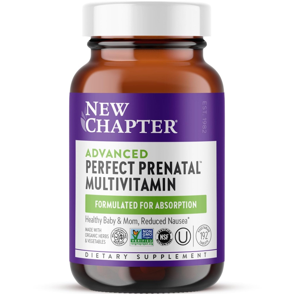 Nuovo Capitolo Advanced Perfect Vitamins Prenatal, 192ct, Realizzato con ingredienti biologici, non OGM per il bambino sano e mamma - Folate (metilfolato), Intero-Fod Fermented Iron, Vitamina D3 + Ginger