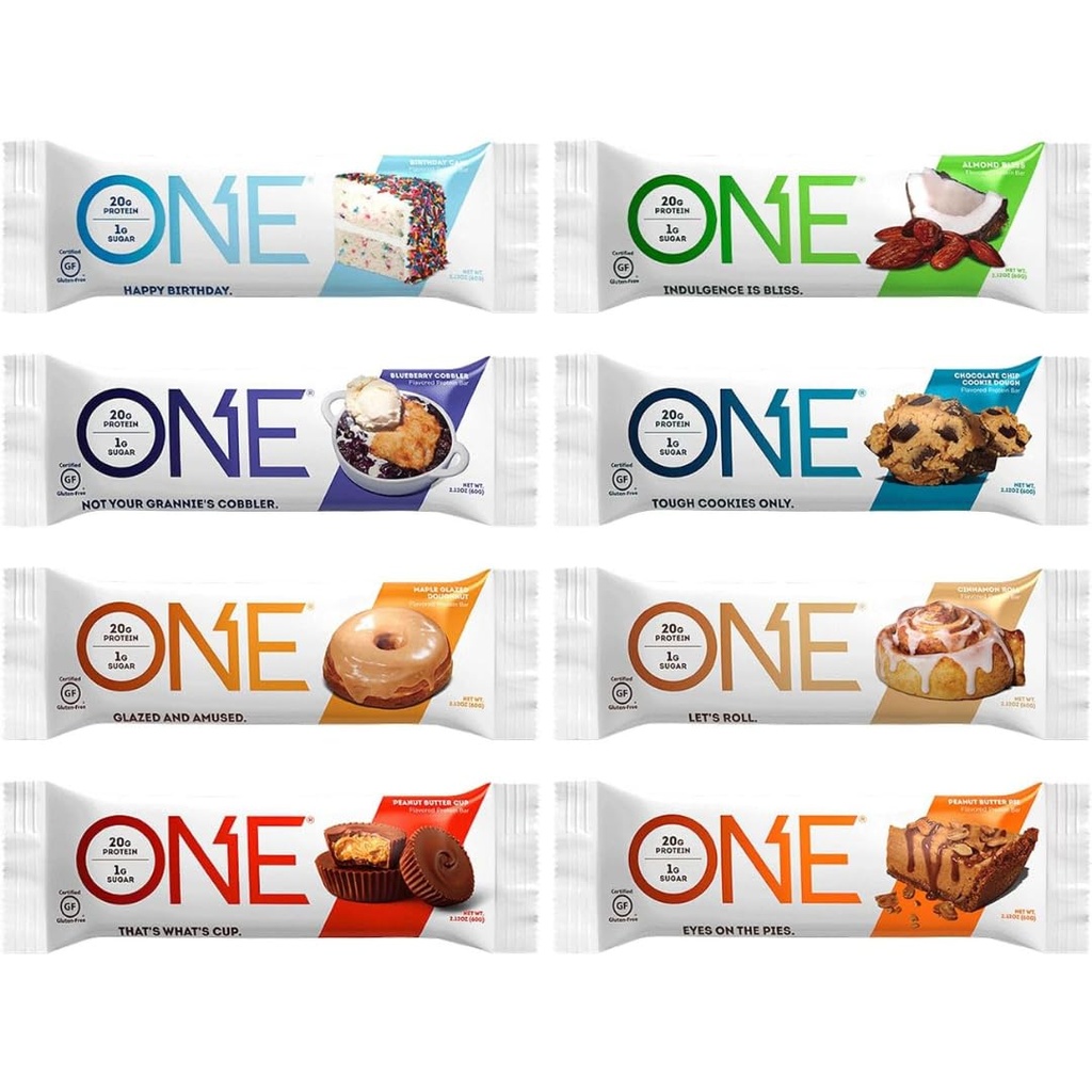 ONE Protein Bars, Sampler Variety Pack, Gluten Free con 20g Protein e 1g Sugar, Pantry Staples, 2.12 oz (8 Conte)