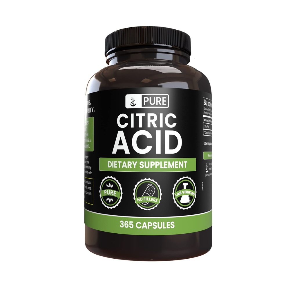 Ingredienti originali puri Acido citrico (365 capsule) Nessun filler di Magnesio o di Riso, Sempre puro, Lab verificato
