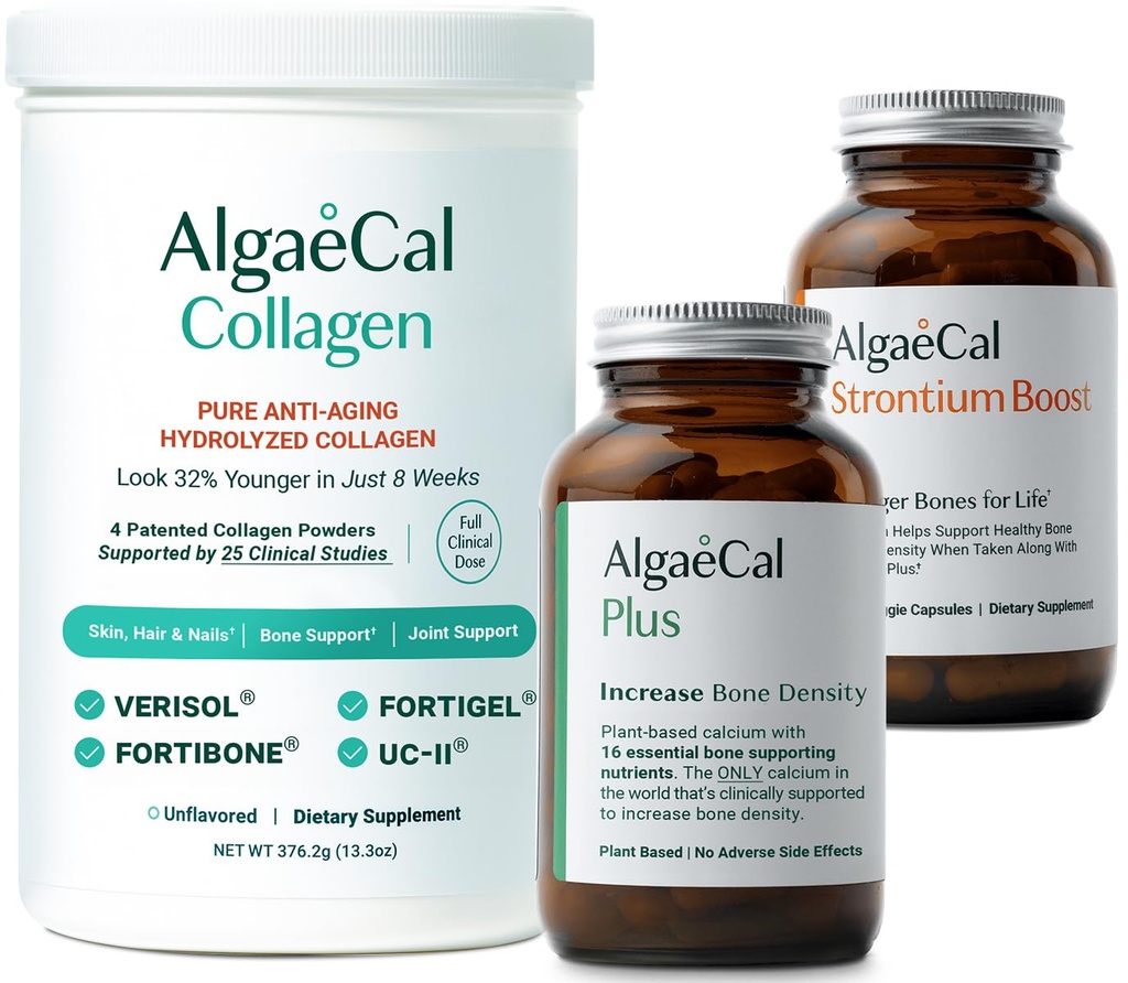 ALGAECAL Bone Builder & Collagen Bundle – Collage clinicamente sostenuto con Verisol, Fortibone, Fortigel + Plant-Based Calcium, Strontium, D3, K2, Magnesium & 16 Nutrienti per la Bellezza & Bone Salute