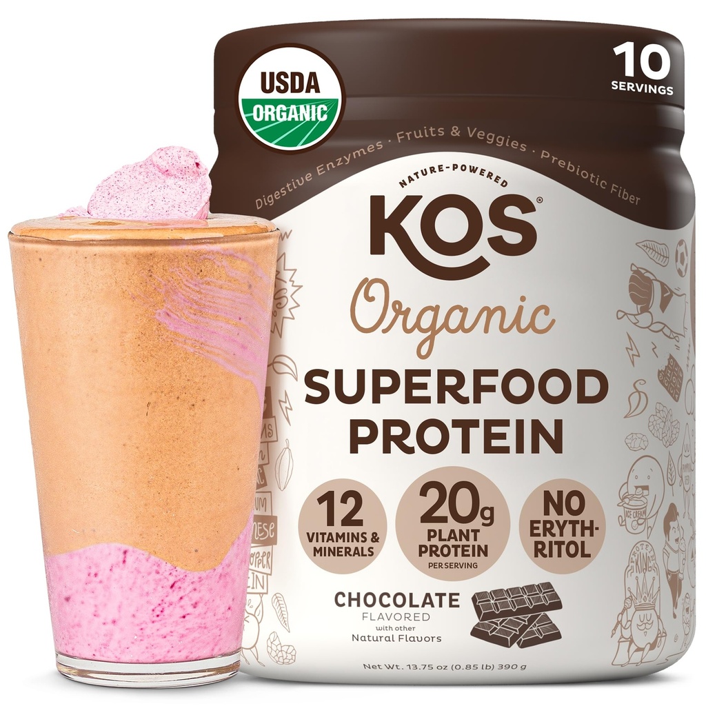 KOS Vegan Protein Powder, Chocolate USDA Organic - Low Carb Pea Protein Blend, Superfood a base di piante con vitamine e minerali - Keto, Soy, Gluten Free - Meal Sostituzione per le donne e gli uomini - 10 Serve