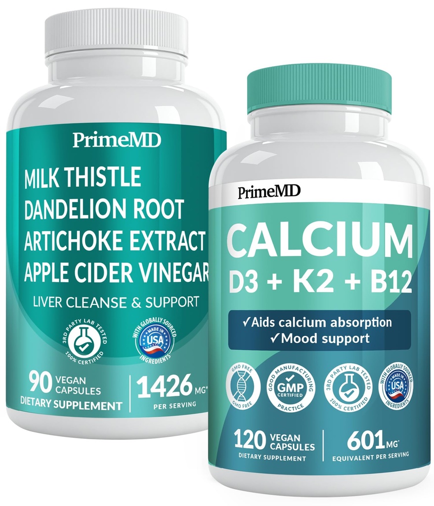 Calcium D3 K2 B12 (1pk) e supporto al fegato (1pk) Supplemento Bundle - Vitamine potenti per Bone, Cuore, Funzione del fegato, & Supporto immunitario - Non-GMO, Vegan, Senza glutine