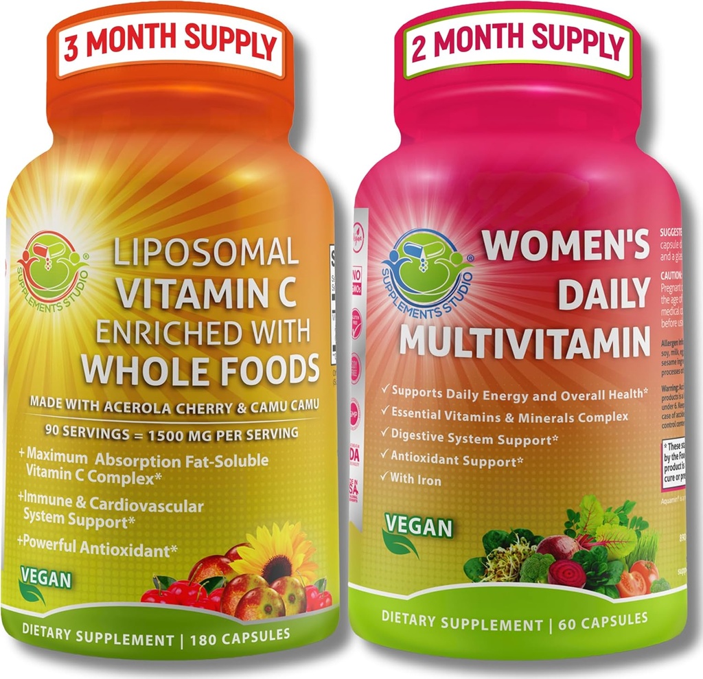 Antiossidante & Immunity Support Bundle - Liposomal Vitamin C 1500mg con Organic Acerola Cherry & Camu Camu + Women's Daily Multivitamin with Iron, Superfoods, Probiotics & Enzymes – Vegan, Non OGM
