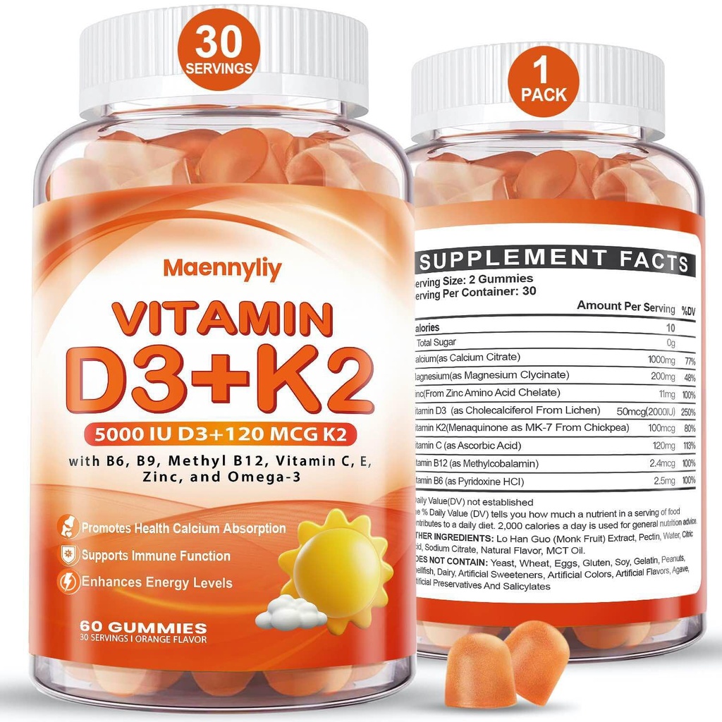 Vitamina D3 K2 Gummies per adulti - Vitamina D3 5000IU + K2 (MK-7) 120mcg - Integratori D3 e K2 senza zucchero con Omega-3, Methyl B12, B9, B6, Vitamine E & Zinc - per l'assorbimento di calcio e la salute immunitaria