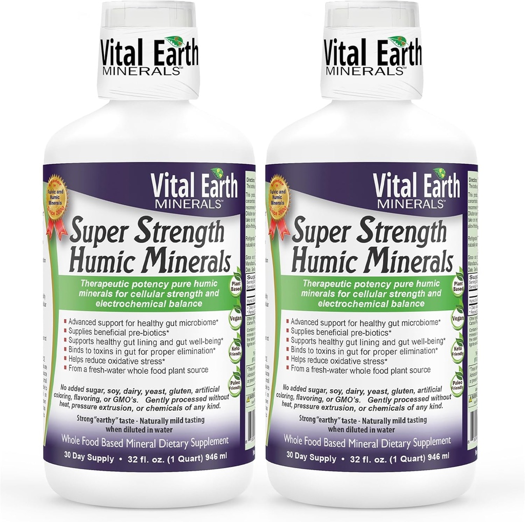 Vital Earth Minerals Super Strength Humic Minerals 2-Pack – Supplemento acido Fulvic con 70+ minerali Trace, elettroliti per digestione, 32 Oz Ea + 1 Oz Cup