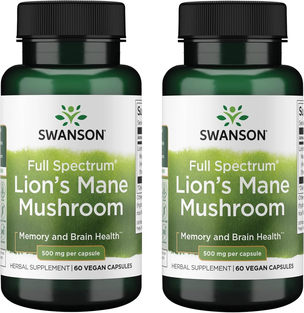 Swanson Full Spectrum Lion's Mane Mushroom - Integratore di salute del cervello per il supporto Memoria, Focus & Clarity* - Può anche aiutare Immune, Cuore e Salute Digestiva - Gluten-Free & Non-GMO - 60 capsule (2 Pack)