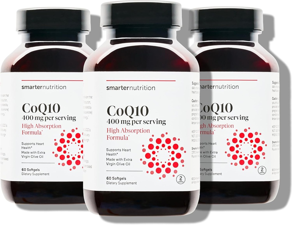 SMARTERNUTRITION CoQ10 400 mg ad alto assorbimento - Naturally Fermented Ubiquinone w/Organic Olio d'oliva a freddo - per la salute del cuore, Energia cellulare - Non OGM, Gluten Free - 180 Count[90-Day Supply]