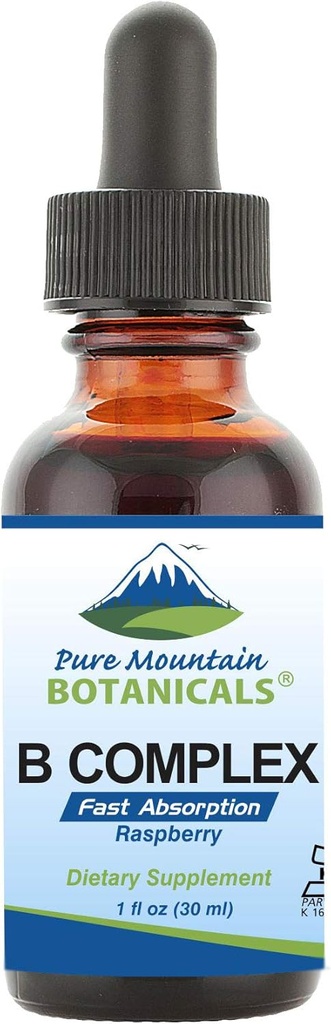 Pure Mountain Botanicals Liquid Vitamina B Complex - Raspberry Flavor Kosher B Complex Vitamina con B12, B6, Thiamin, Biotina, Niacin - 1oz Bottiglia