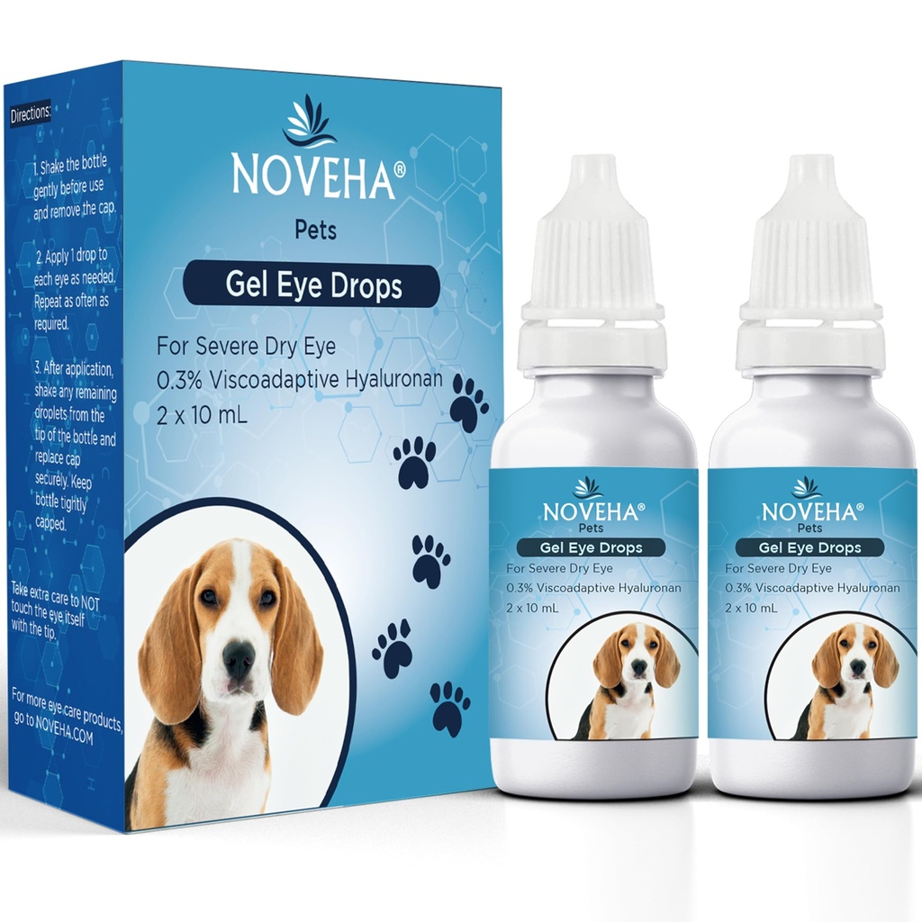 NOVEHA Pet Gel Oculare gocce con 0.3% Viscoadaptive Hyaluronan | Soluzione per occhi secchi - Long Lasting Hydration, Riduce Nuisance, Swelling & Dryness - Lubrificante per cani e gatti (2x10mL)