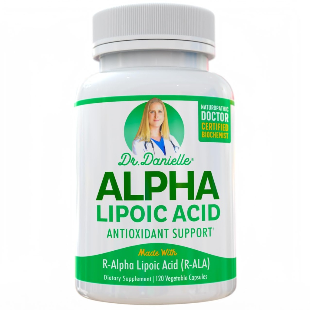 Acido alfa-lipoico di Dr. Danielle, supporto di neuropatia, non OGM, senza glutine, vegano, privo di soia, promuove lo zucchero sanguigno sano, acido lipoico Alfa R R-ALA, R-ALA, 120 capsule vegetali