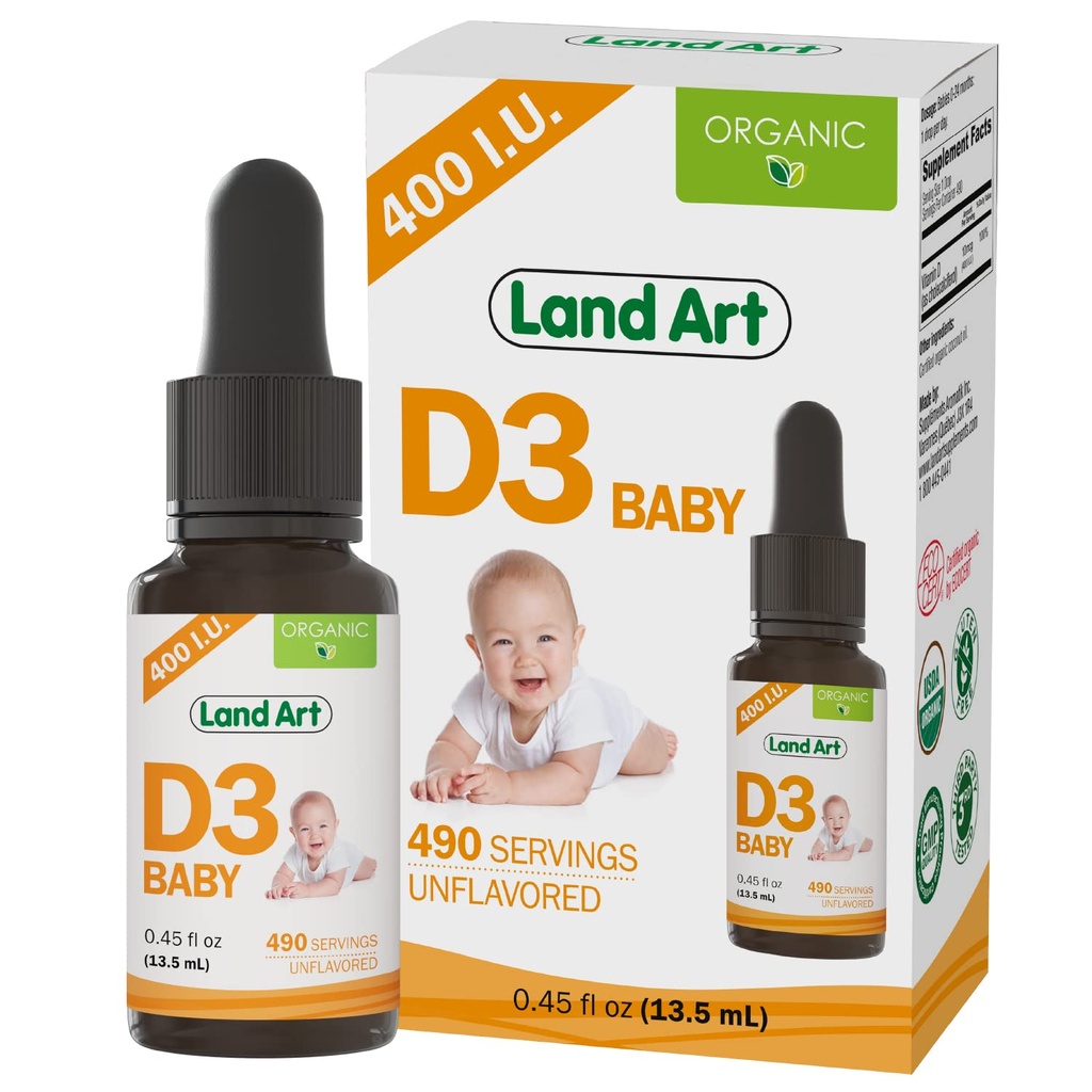 Land Art - Certificato Biologico Vitamina D3 Gocce Baby – 400 IU per Goccia – 490 Serve – Supporta lo sviluppo di ossa e denti – Vitamina D Gocce per neonati e bambini – GMO-Free - Gluten-Free – 0.45 fl oz