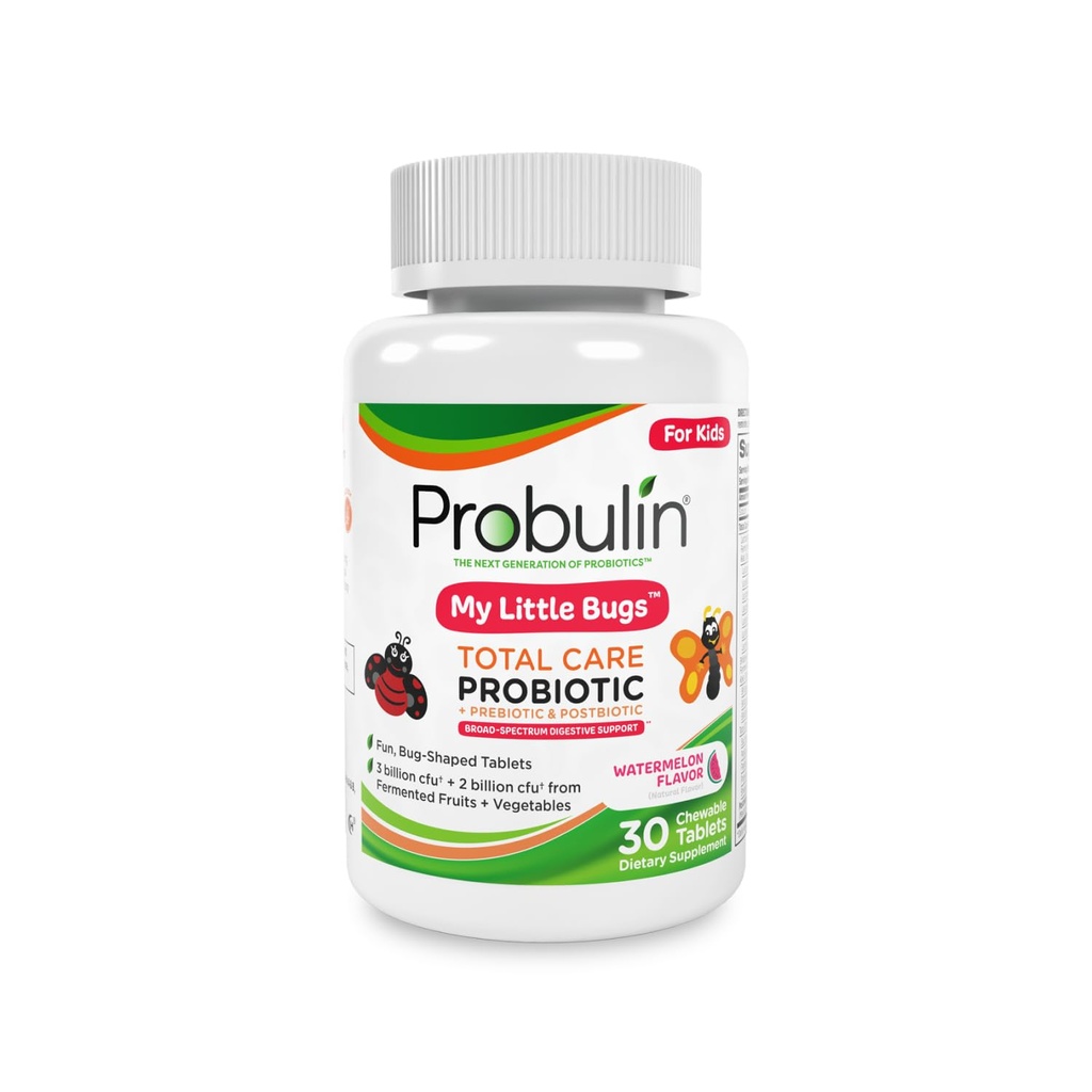Probulin Total Care Kids Probiotici Chewable Tablet, My Little Bugs Prebiotics, Probiotics e Postbiotics Chew Supplements, 5 miliardi di CFU, 15 Strains, 30 Conte Bottiglia